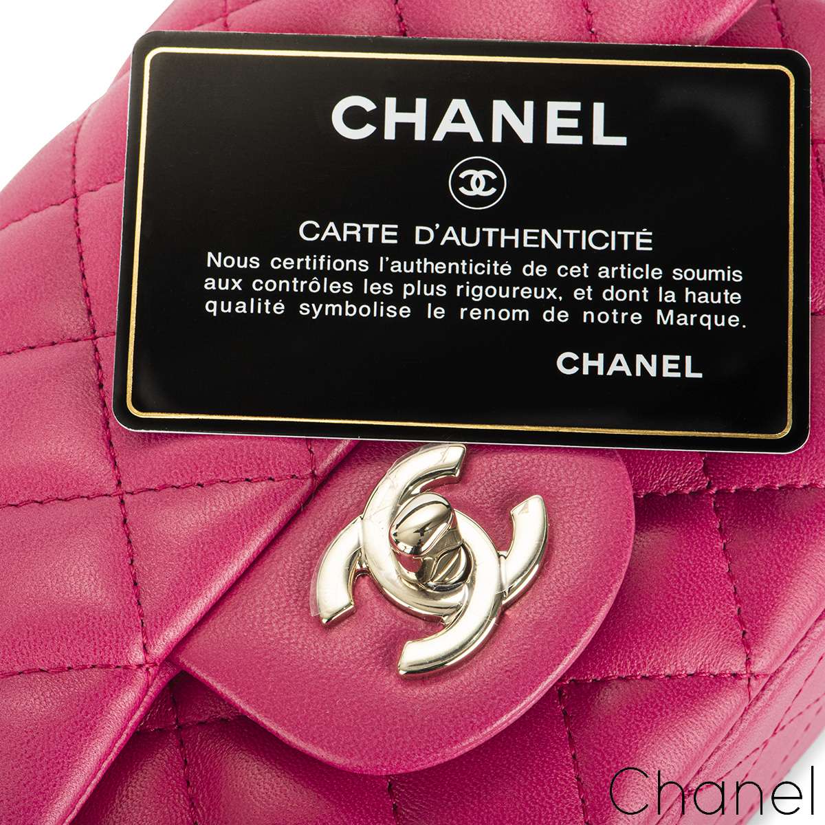 Chanel mini square flapbag fuchsia lambskin ghw